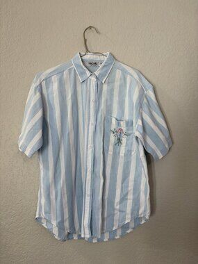 Vintage Blue White Stripe Short Sleeve Button Cotton Shirt Sz S Floral Cottage